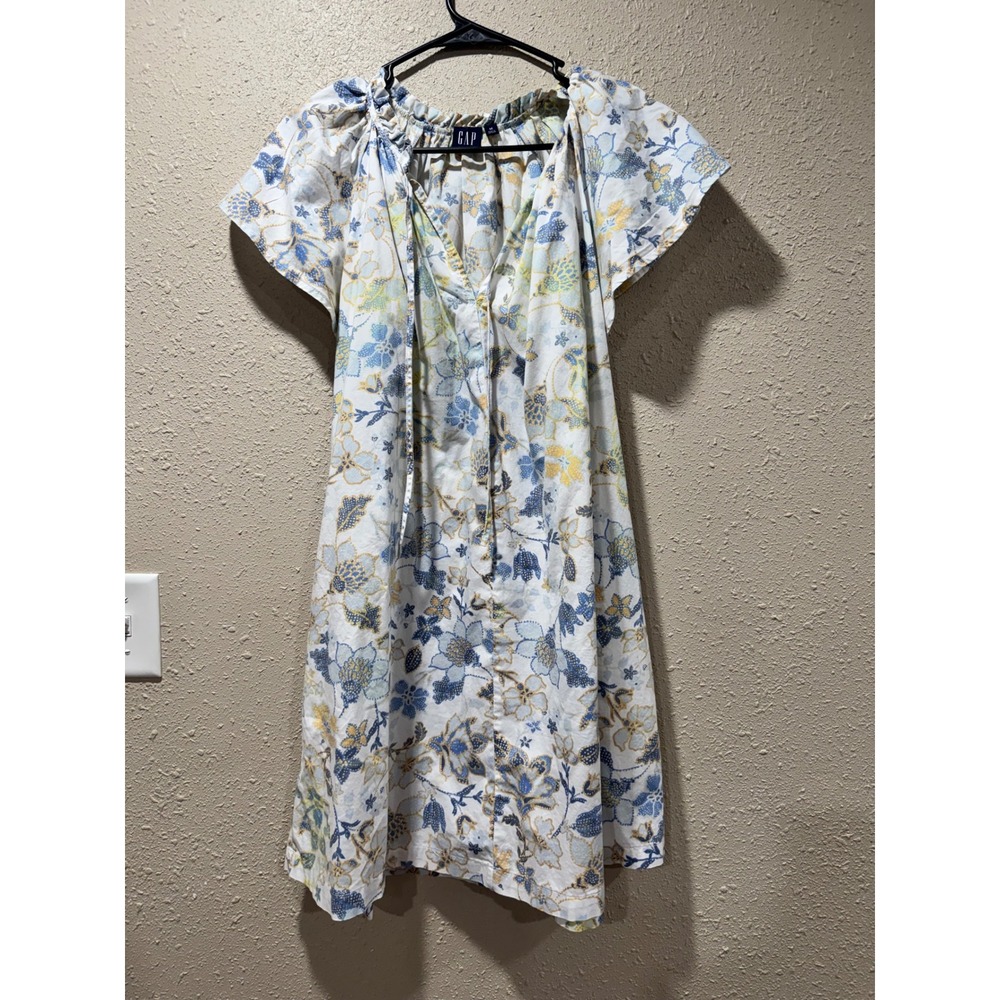 Gap Womens Floral Mini Dress Medium Blue Yellow White Ruffle Neck Flutter Sleeve
